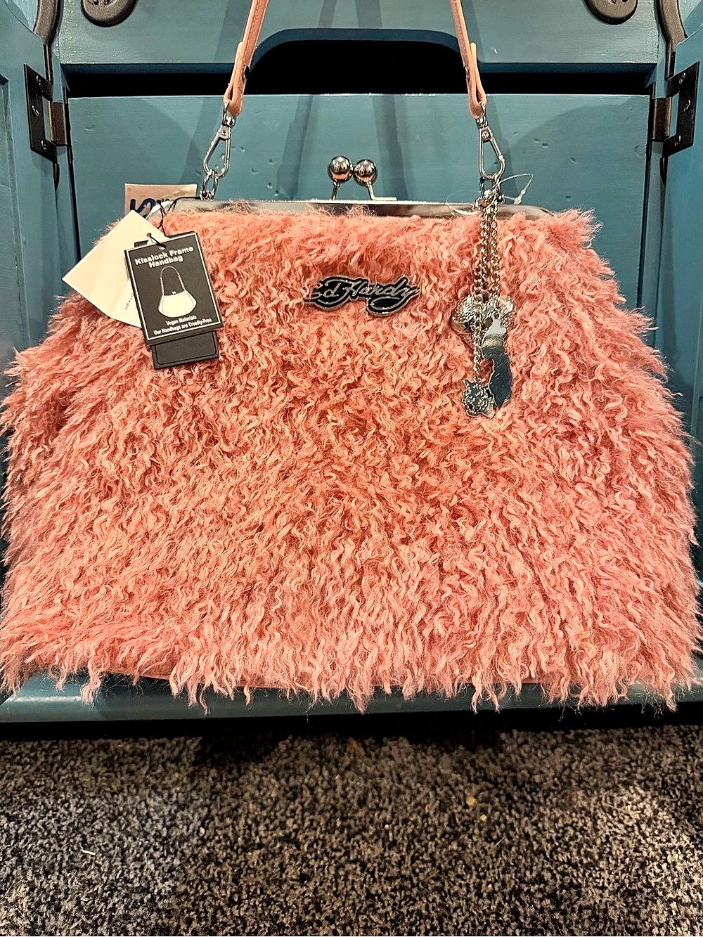 Ed Hardy Kisslock Frame Handbag Pink Faux Fur Kiss-Lock Bag NWT
